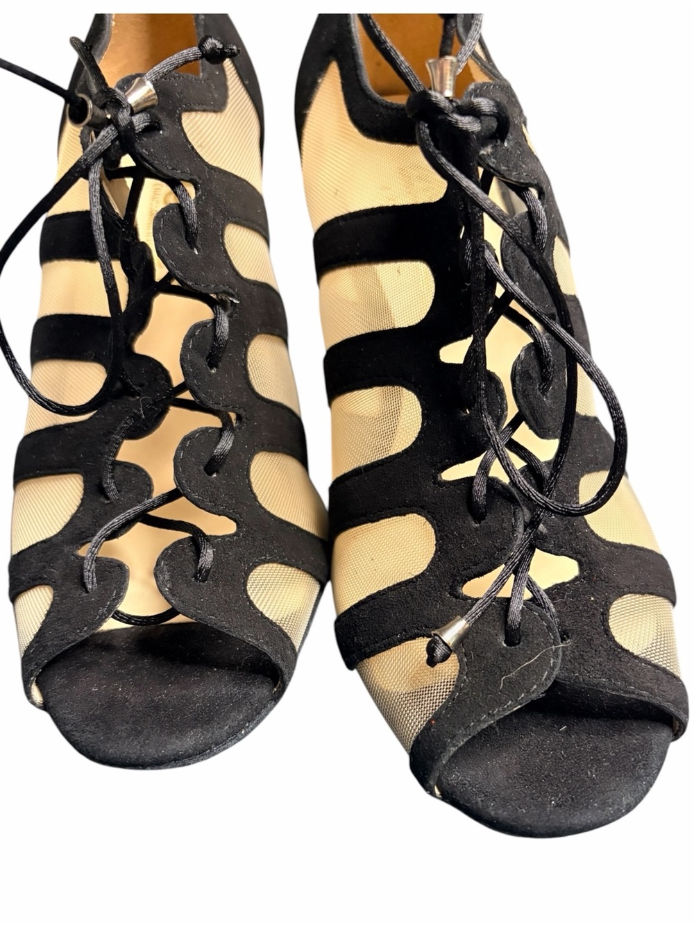 MERLET Sya Black Lace-Up Cutout Peep-Toe Ballroom Heels - Picture 7 of 11